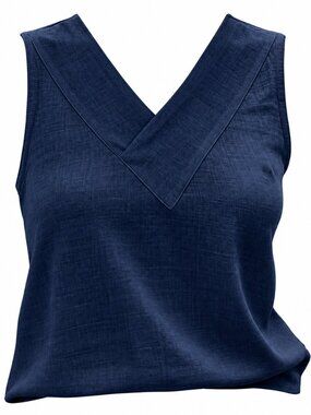 100% COTTON, SZ L, V-neck Linen Weave Tank, Indigo Blue